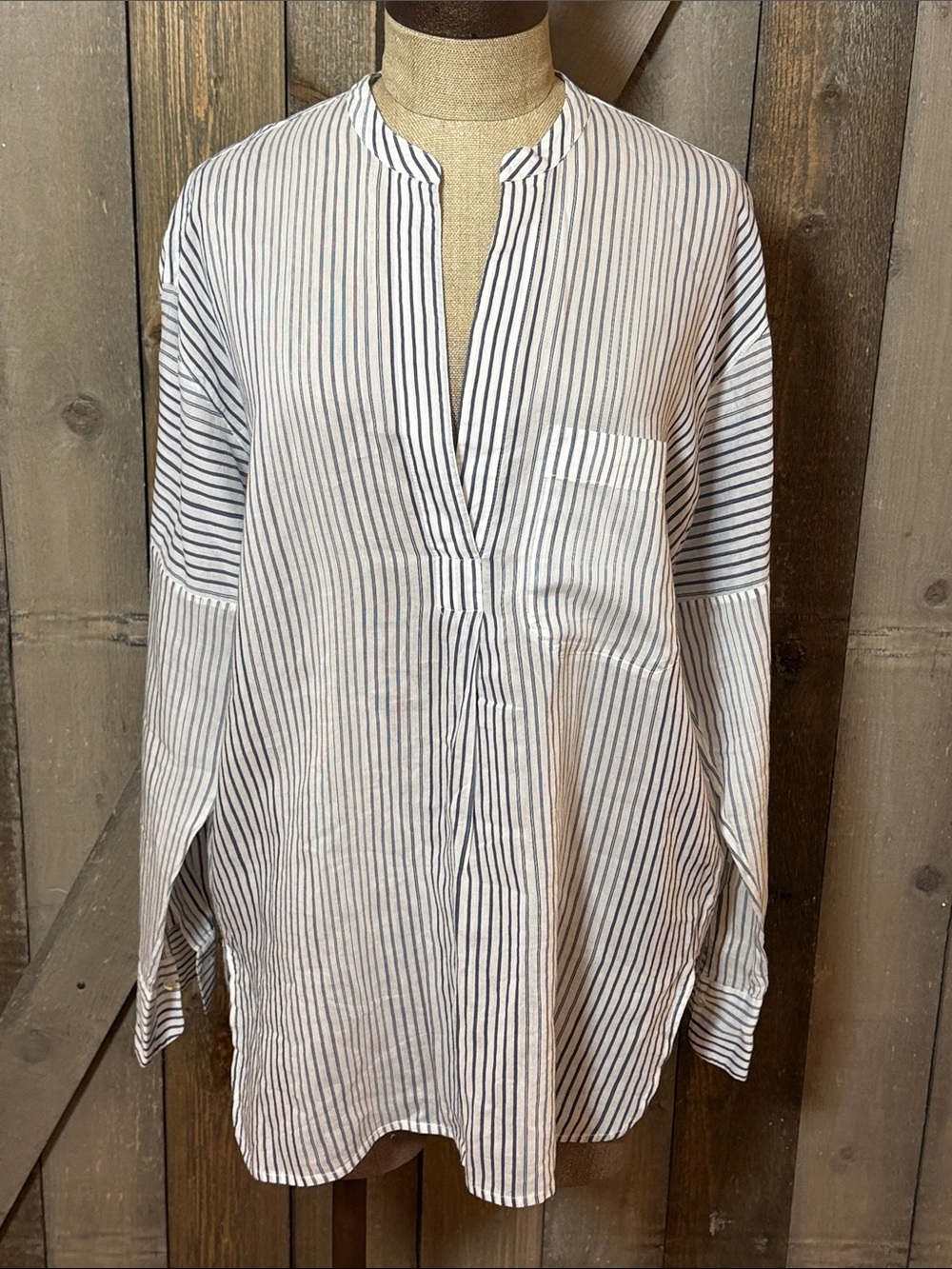 Vince Stripe Split Neck Blouse Medium Coastal Blue White Relaxed Quiet Luxury